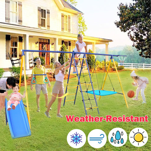 500 Lbs 7 In 1 Swing Set For Kids  Outdoor A Frame Heavy  Metal Swing Sets With Slide  2 Swing Seats 1 Climbing Net   Ladder 1 Gym Ring 1 Basket
