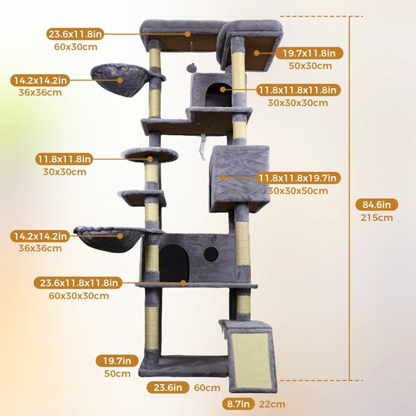 4.6 In Dark Gray Cat Tree Tower With Wide Base, 3 Large Hinding Condo, 11 Sisal Scratching Post, Sisal Scratching Ladder, 2 Hammocks, Large Top Platform, Many Landing Perch And Interactive Toy