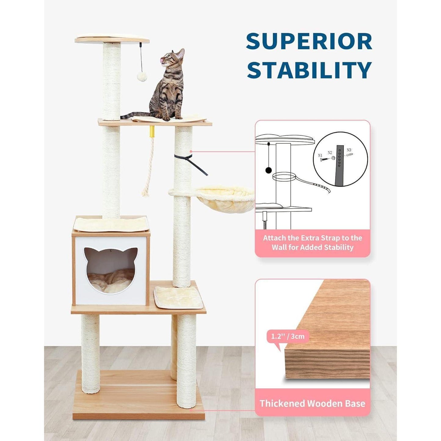 Modern Indoor Cat Tree Wooden Cat Tower Suitable For Cats, Includes Hammock, Scratching Post, And Removable Mat. Suitable For Both Large And Small Cats.