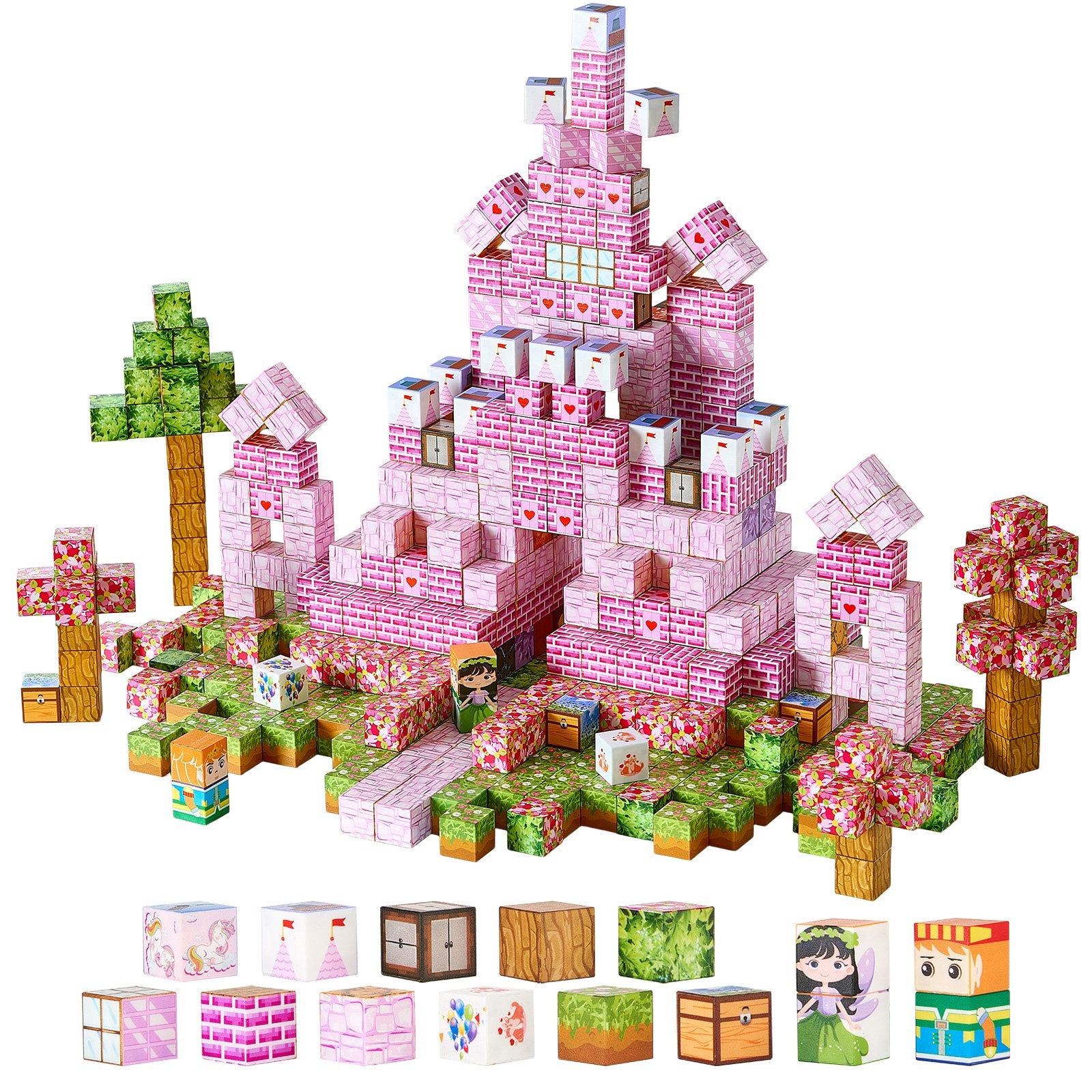 Pink castle building block set with trees and characters on a white background