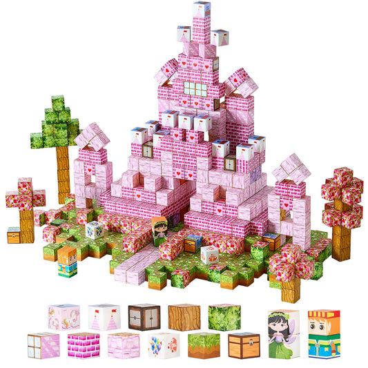 Pink castle building block set with trees and characters on a white background