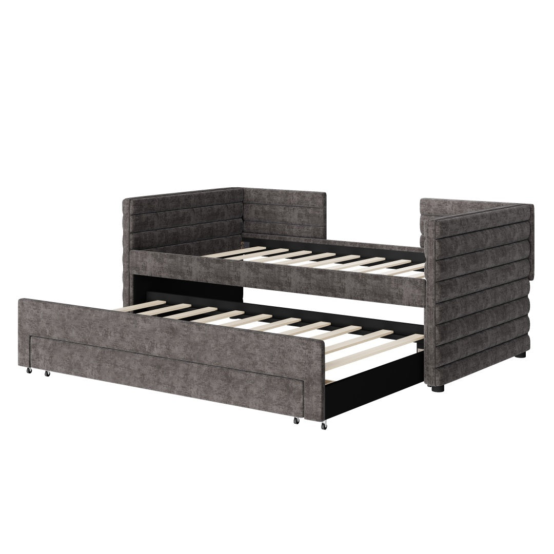 Twin Size Upholstered Daybed With Trundle And 3 Storage Drawers, Chenille Fabric Sofa Bed For Guest Room, Living Room, Space-Saving Modern Day Bed Frame, No Box Spring Needed