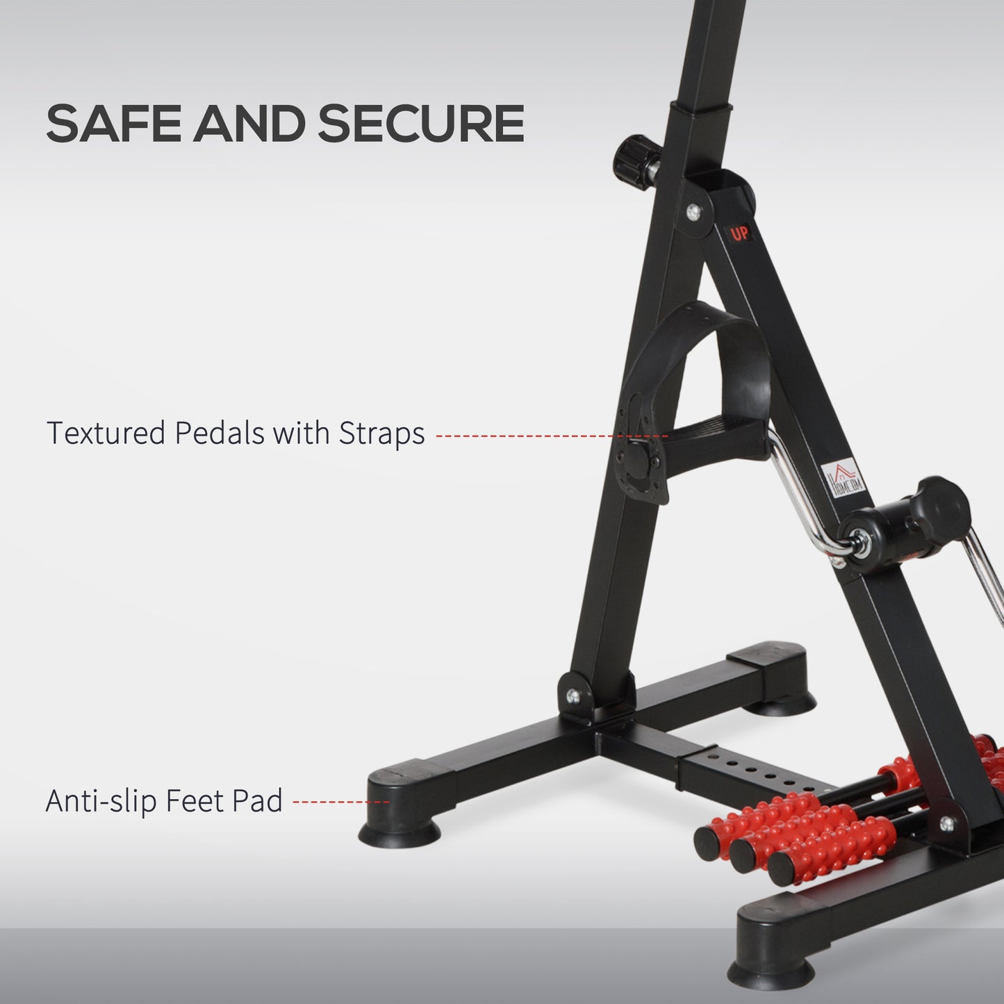 Black exercise machine with red components on a gray background, highlighting safety features.