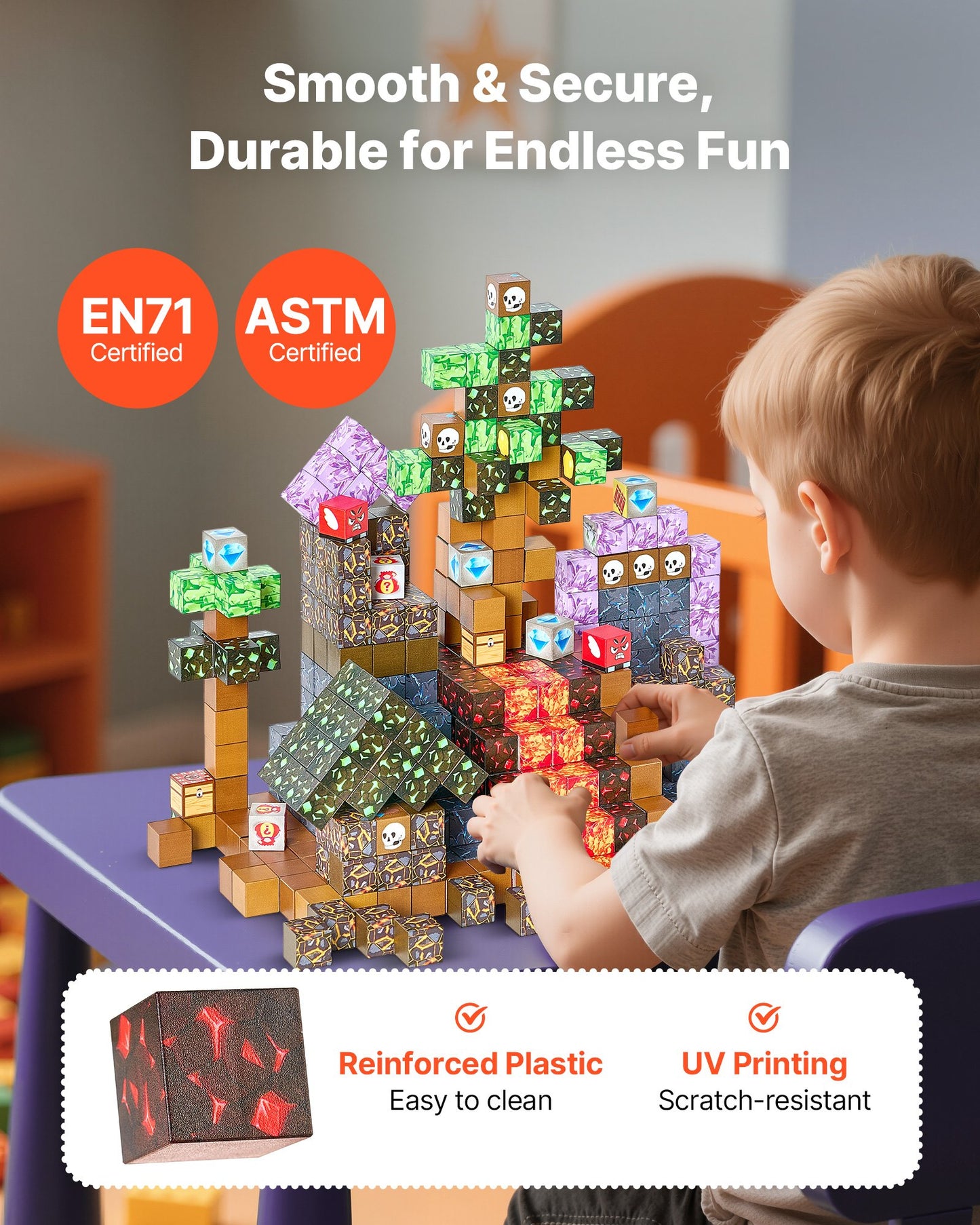 Child playing with building blocks, with certification logos and product features displayed.
