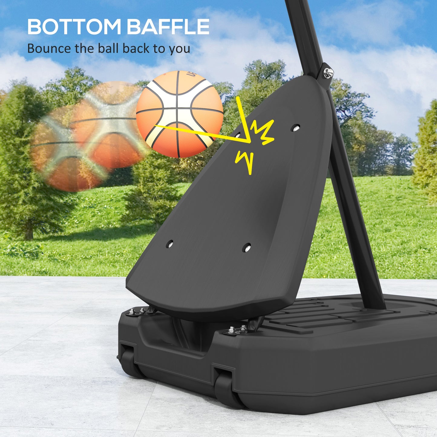Basketball backboard with bottom baffle feature and outdoor setting