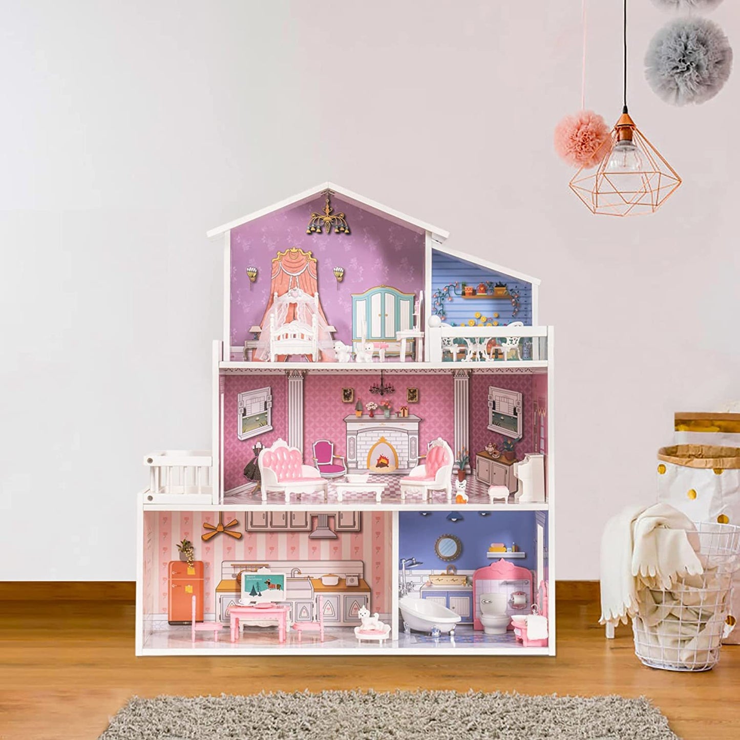 ROBOTIME 3 Levels Wooden Dollhouse  Furniture Dreamhouse Girls Mansion Gift