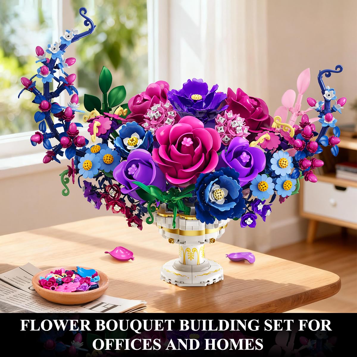 Colorful flower bouquet building set on a table with a blurred background