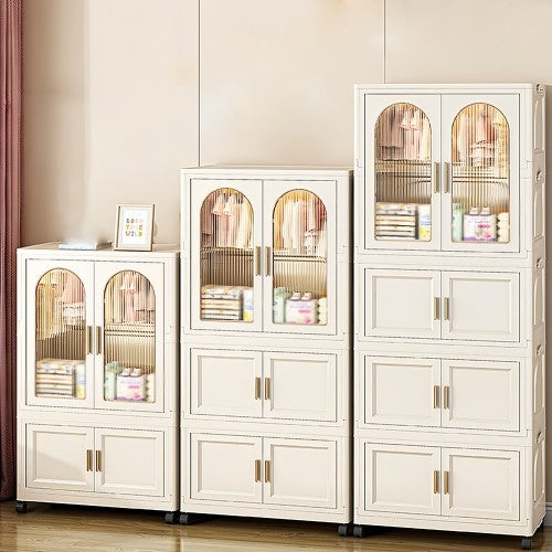 25.59 Side Wide Folding Wardrobe , 25.59x15.75x70.87 , With Magnetic Door, Plastic Storage Cabinet With Wheels One Layer Of Wardrobe X Three Layers Of Folding Boxesx10 Hangers