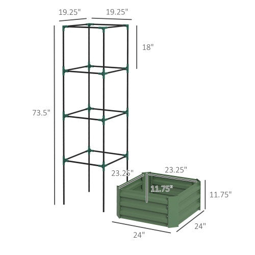 Outsunny Galvanized Raised Garden Bed, 24 X 24 X 11.75 Outdoor Planter Box With Trellis Tomato Cage And Open Bottom For Climbing Vines, Vegetables, Flowers In Backyard, Garden, Patio, Green