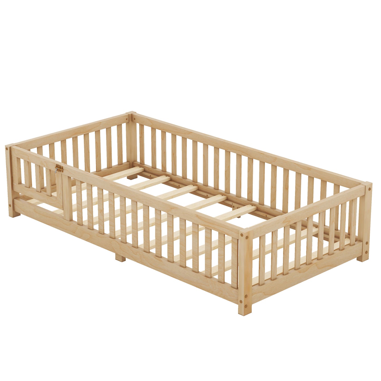 Twin Size Bed Floor Bed With Safety Guardrails And Door For Kids, Natural