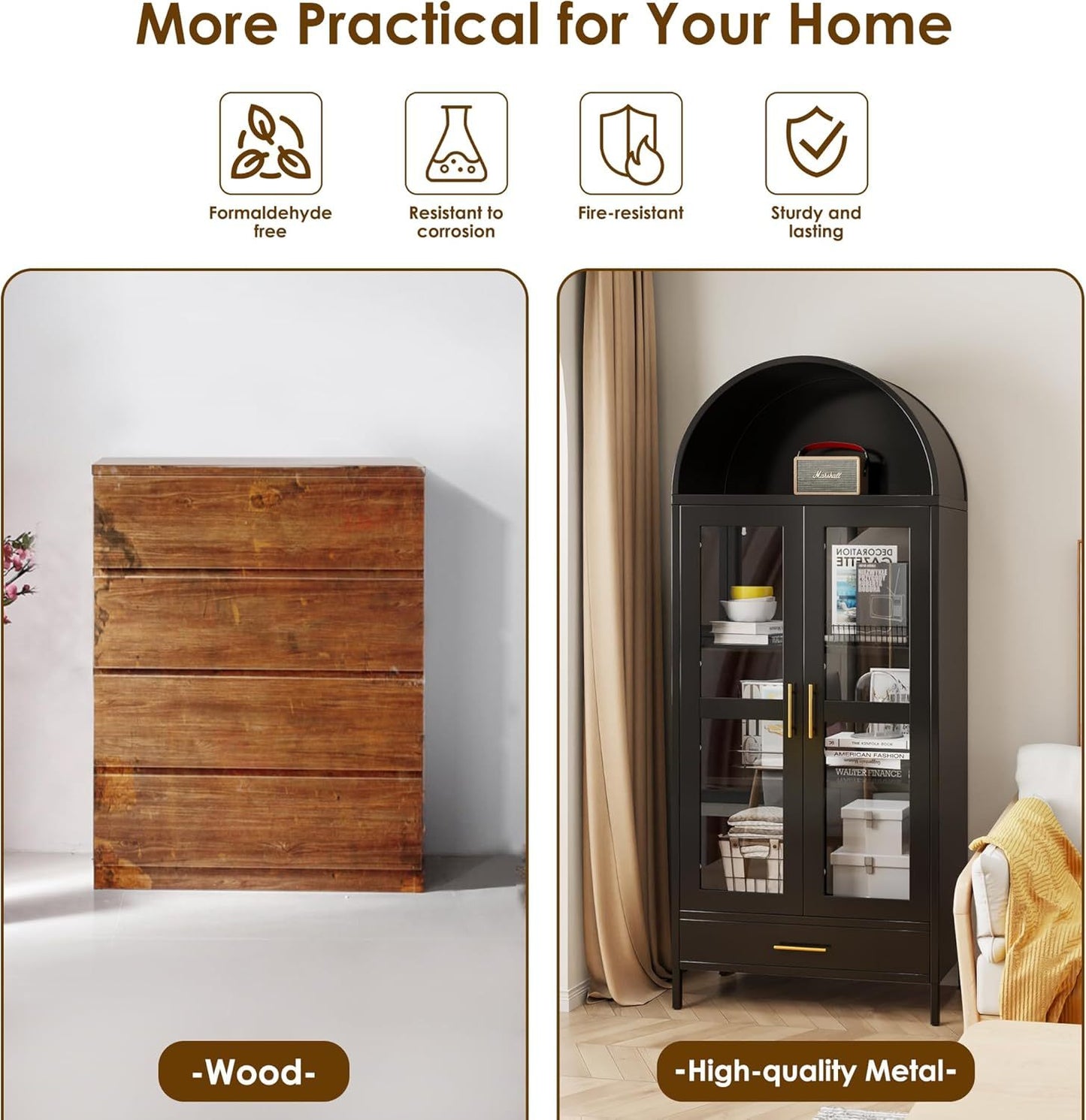 73In Tall Metal Arched Cabinet, Arched Display Pantry Cabinet With Glass Door, Modern Farmhouse Bookcase With 1 Drawer And 2 Adjustable Shelves For Living Room, Black, Assembly Required