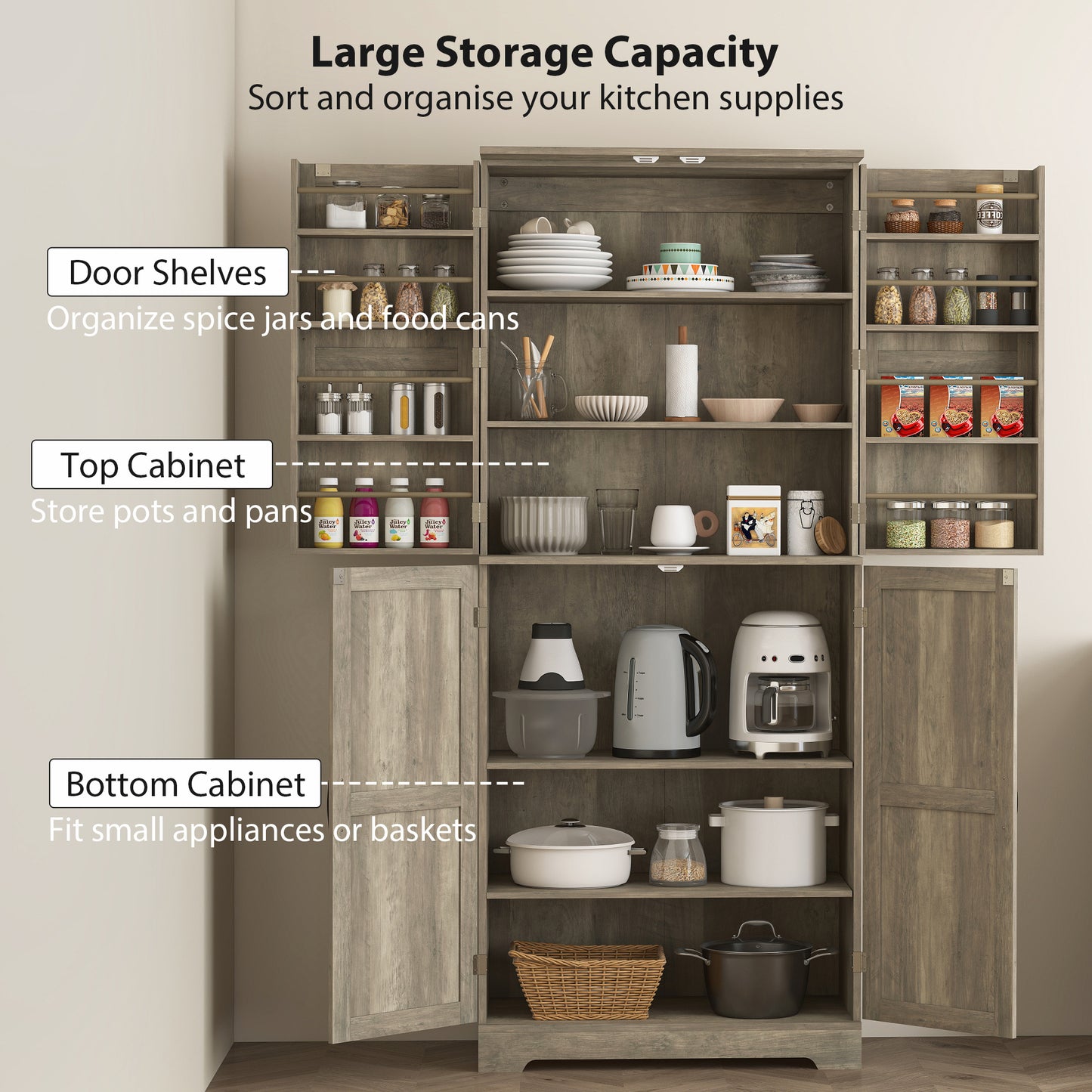 Farmhouse Kitchen Pantry, 72 Tall Pantry Cabinet With 4 Barn Doors, 4 Adjustable Shelves And 8 Door Shelves, Gray Wash