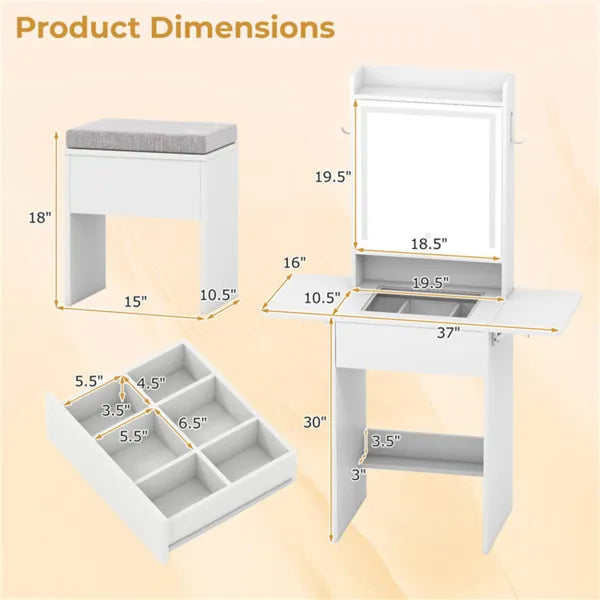 Vanity Table With LED Lighted Mirror, 2 Drop Leaf Extension & Built-in Charging Station-White