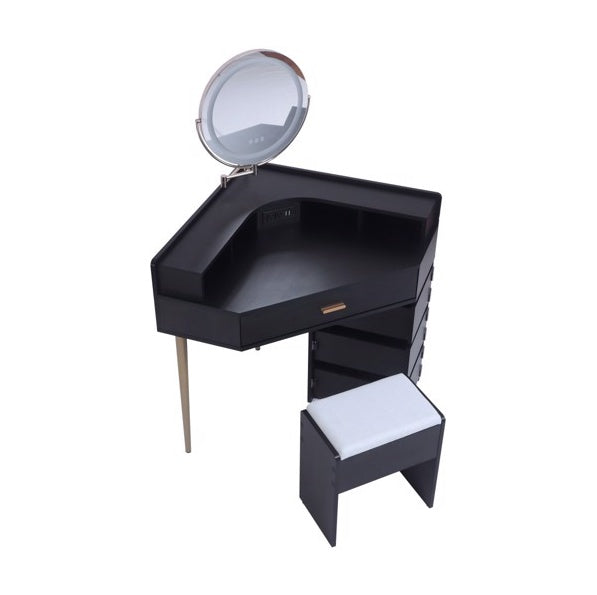Black Dressing Table Stool Set, Movable Mirror, Tri Color Illuminated Mirror, Four Drawers, With Socket
