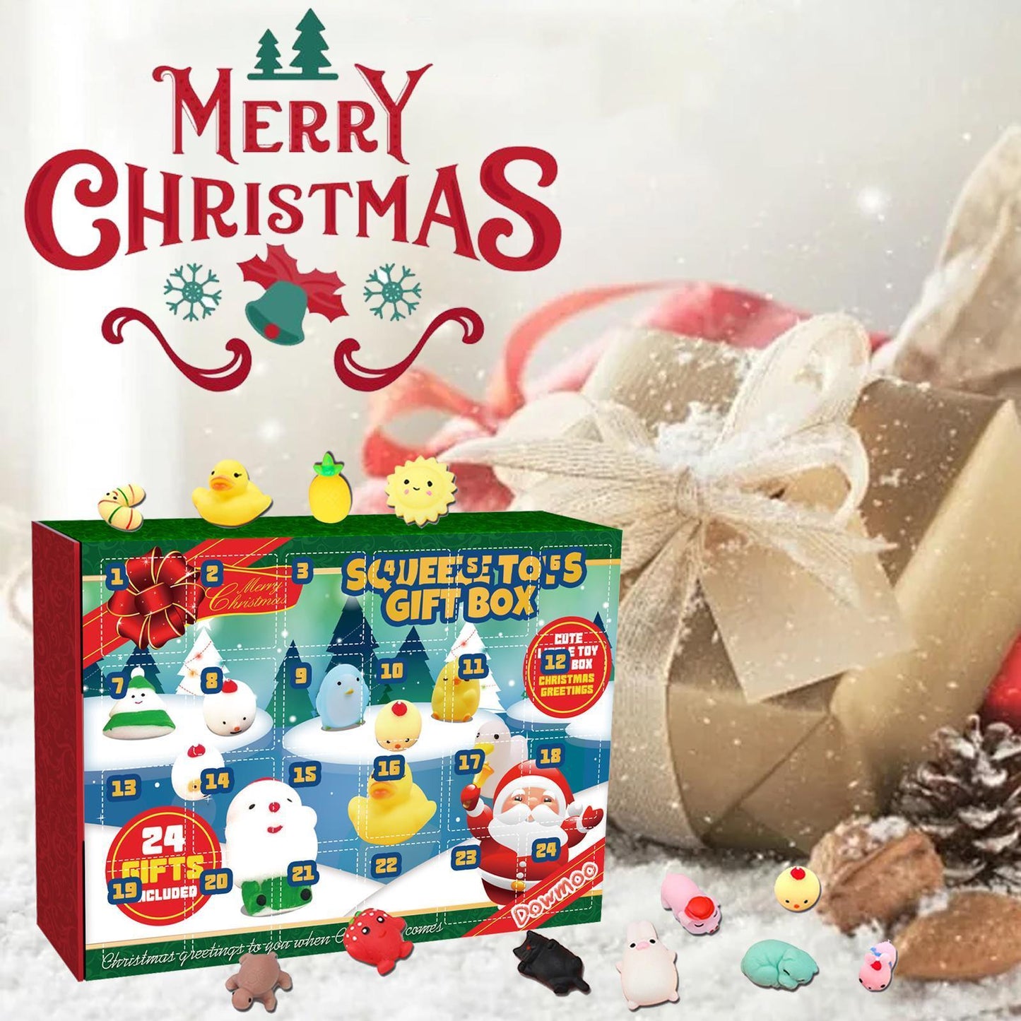 Christmas Squeezable Gift Box, 24-compartment Countdown Blind Box, Squeezeable Cartoon Toy For Stress Relief.