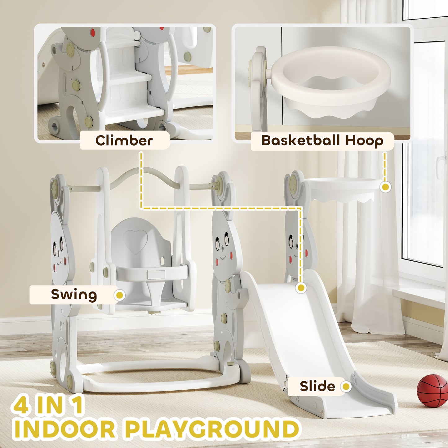 4 In 1 Toddler Slide And Swing Set With Climber, Basketball Hoop, Rabbit Themed Kids Playset For Ages 1.5-4, Gray