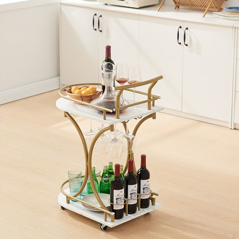 2 Tier Bar Car, Golden Wine Cart with Wine Rack & Glass Rack, Mobile Bar Service Car, Party, Home, Living Room Rolling Drink Car