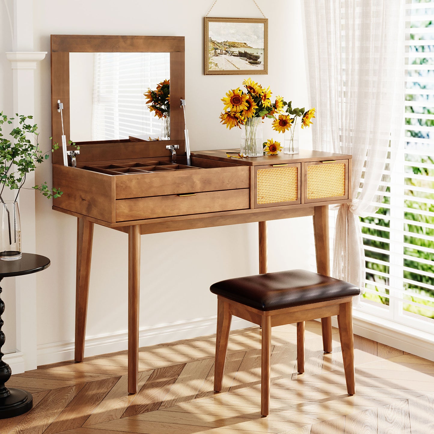 43.3 Classic Wood Makeup Vanity Set With Flip-top Mirror And Stool, Dressing Table With Three Drawers And Storage Space, Brown