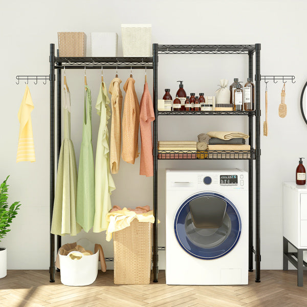 Double Row With Hanging Clothes Bar, 1 Layer Rack, 3 Mesh Baskets, Open Style Wardrobe Made Of Iron