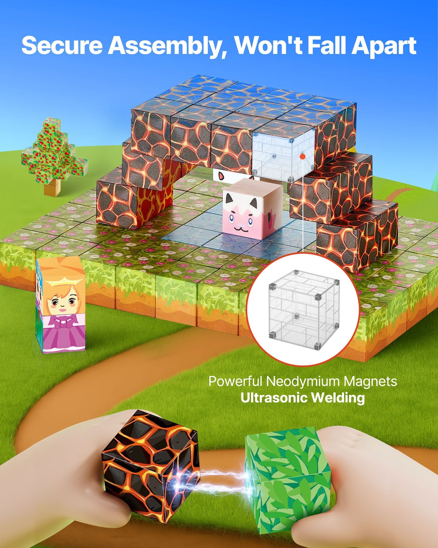 Toy building blocks with a hand holding two blocks, set against a colorful landscape background.
