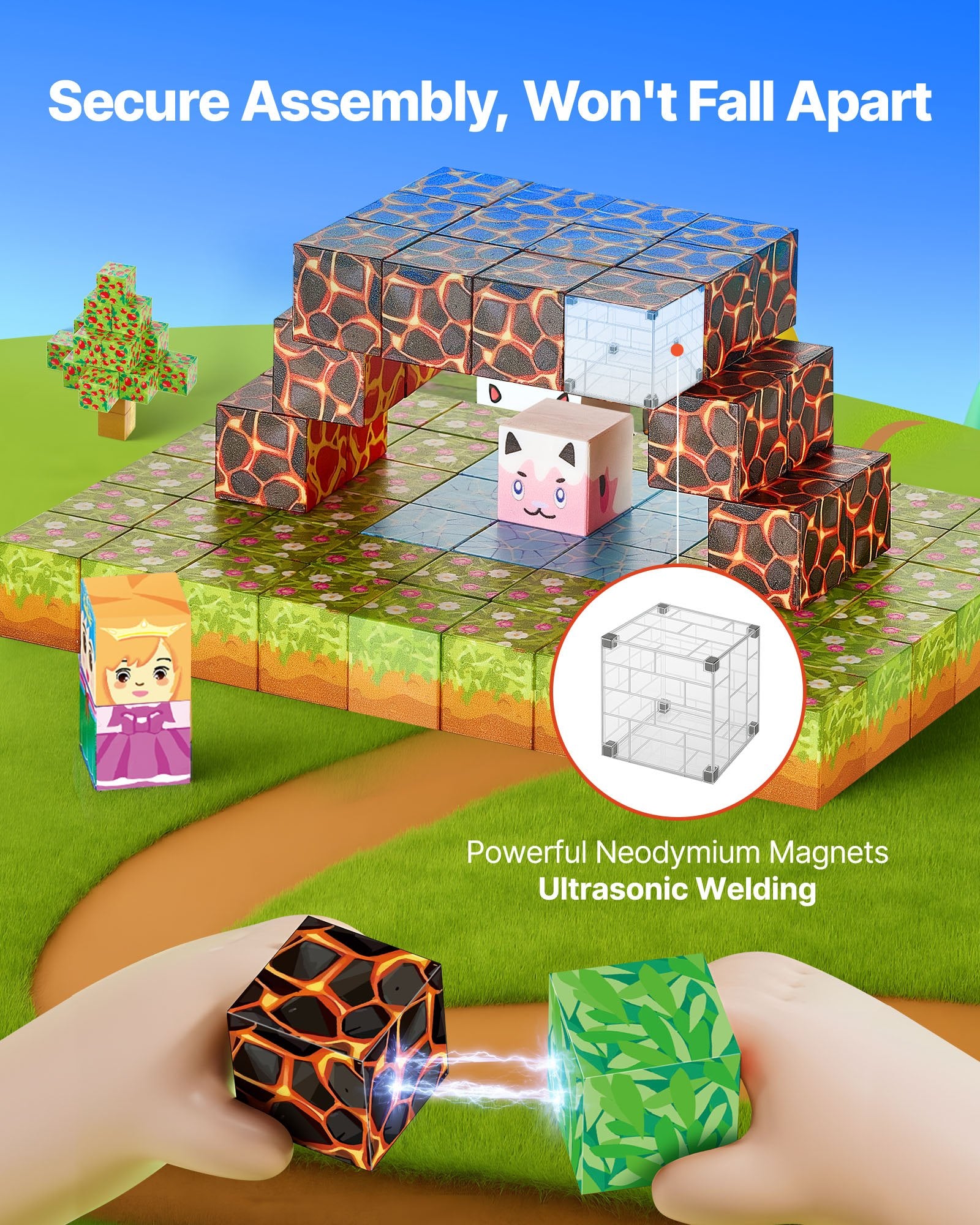 Toy building blocks with a hand holding two blocks, set against a colorful landscape background.