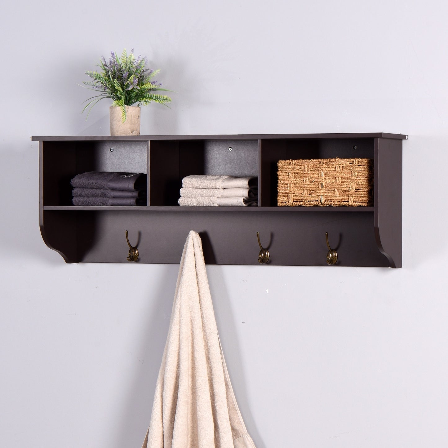 Espresso Wall Mounted Coat Rack With 4 Dual Hooks & Storage Shelf For Entryway