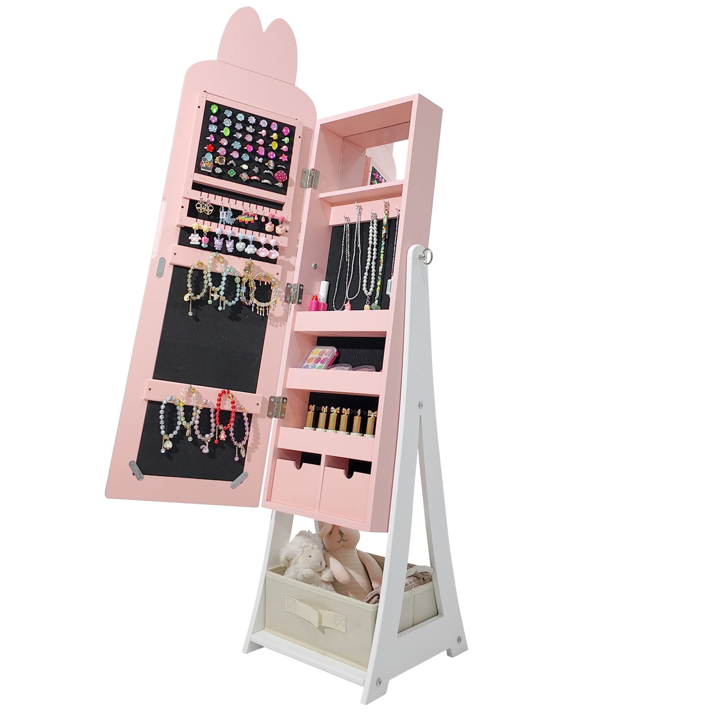 Jewelry Armoire Cabinet, Rabbit Themed Wooden Standing Jewelry Organizer W-Full-length Mirror And Storage Drawers, Children Dress Up Jewelry Cabinet For Little Girls Pink