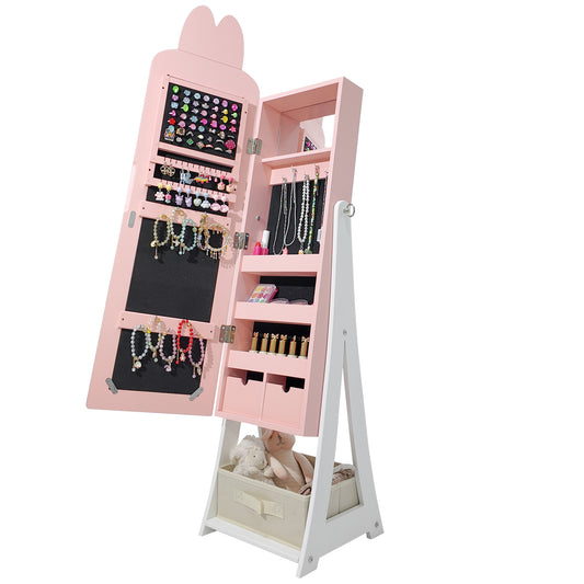 Pink jewelry armoire with open doors displaying various jewelry on a white background