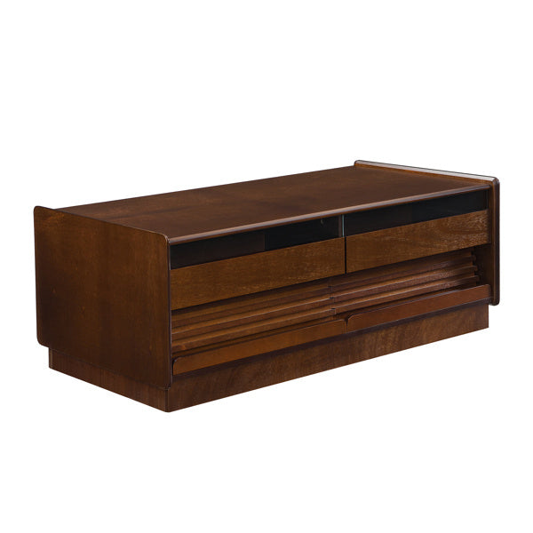 U-Can Modern Rectangle Coffee Table With 4 Drawers And 2 Display Shelves,  Wood Coffee Table With Fluted Style, Tempered Glass For Living Room