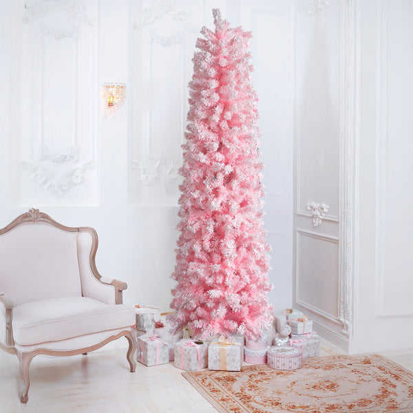 7.5 FT Snow Flocked Hinged Christmas Tree, Artificial Pencil Christmas Tree, Unlit Artificial Christmas Pine Tree With 641 Branch Tips And Sturdy Stand, Pink