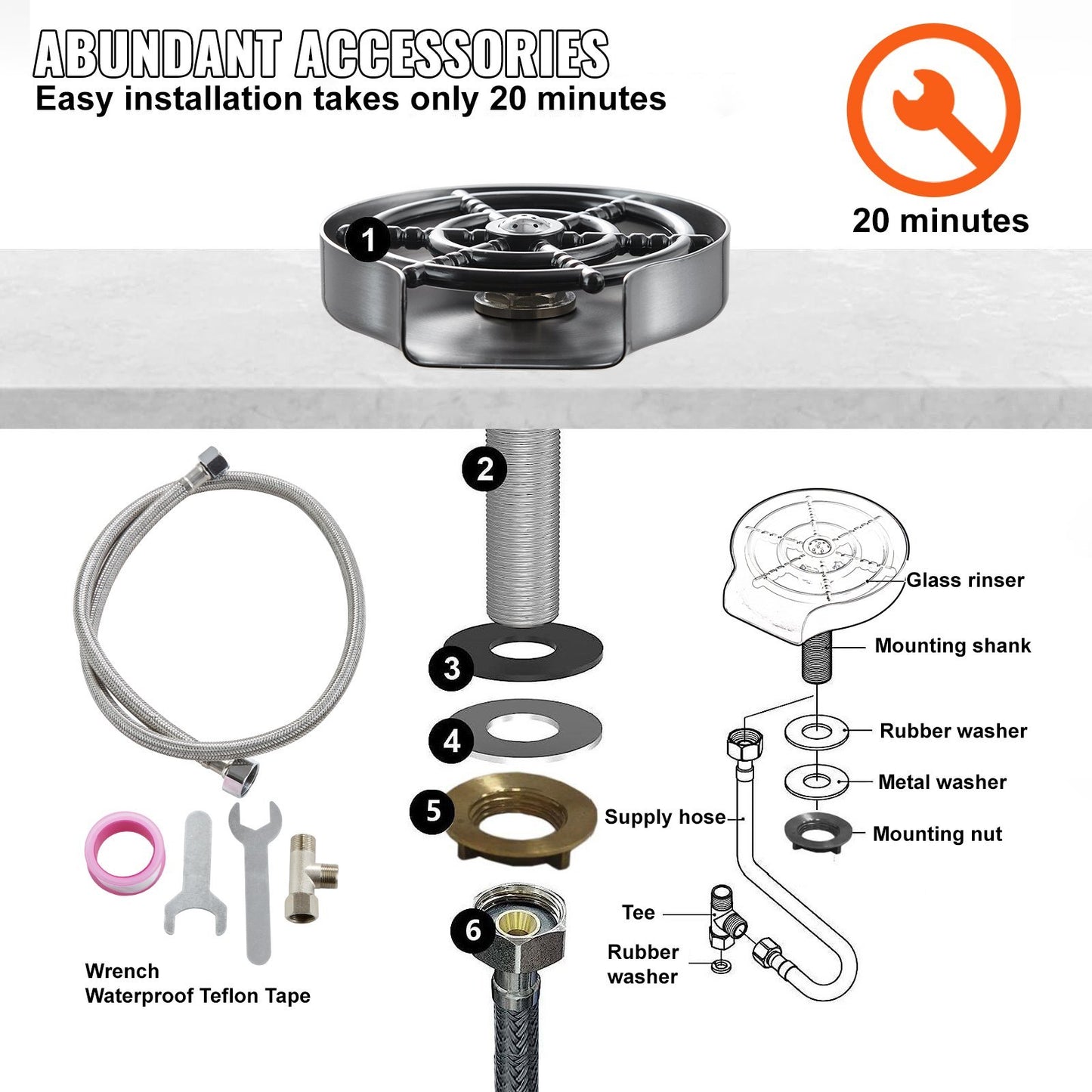Glass Rinser, 10 Powerful Spraying Jets 360  Rotating Cup Rinser For Sink, 304 Stainless Steel Faucet Cup Washer With ABS Cup Holder For Baby Bottle, Glass Cup, Wine Glass