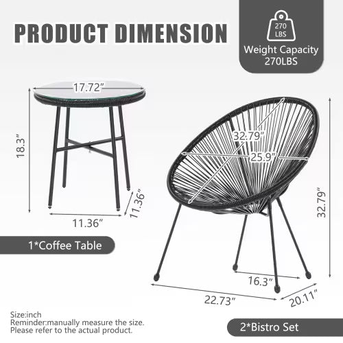 3 Piece Terrace Bistro Conversation Set With Side Table, Outdoor Flexible Rope Furniture With Coffee Table