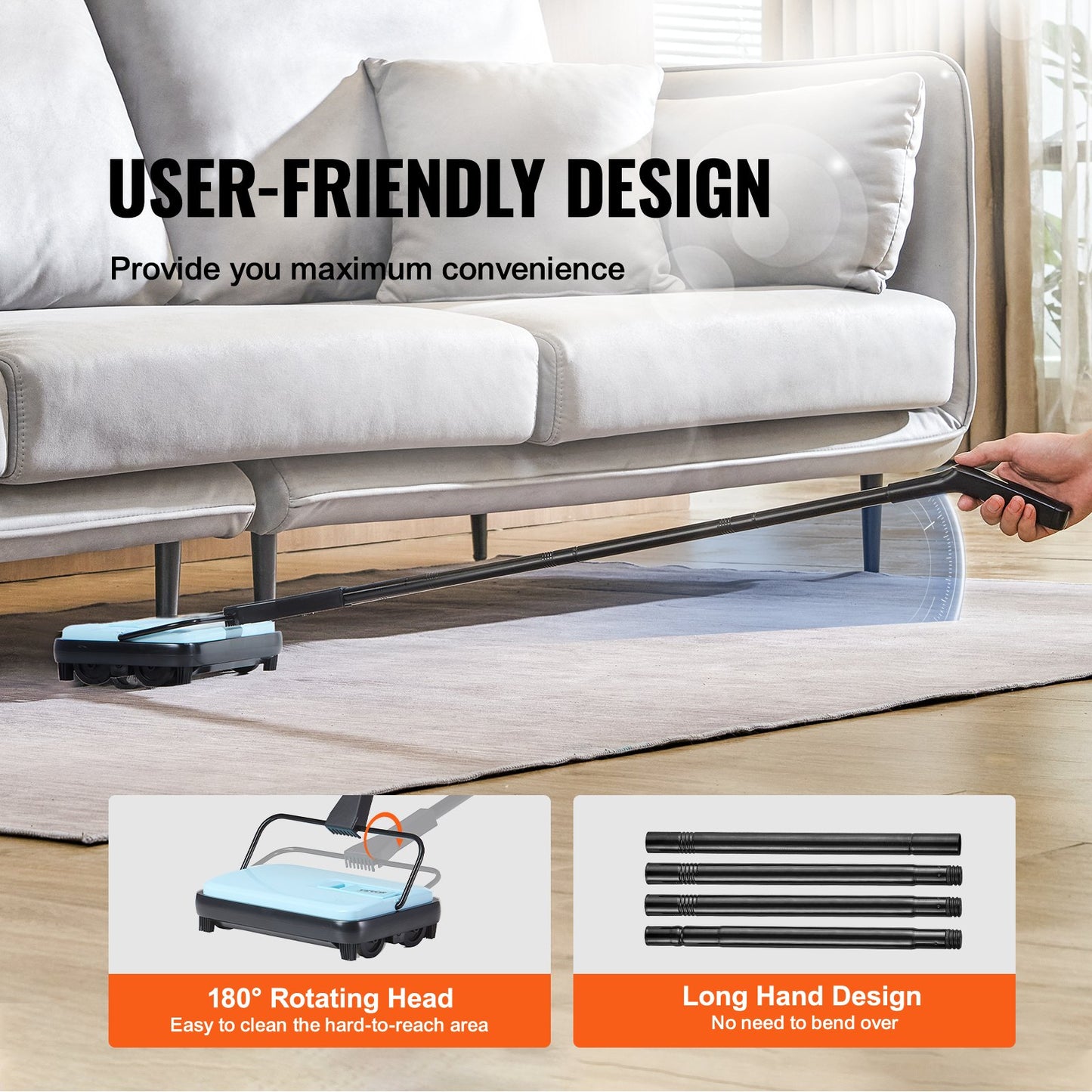 Cleaning device with 180° rotating head and long handle design being used under a sofa.