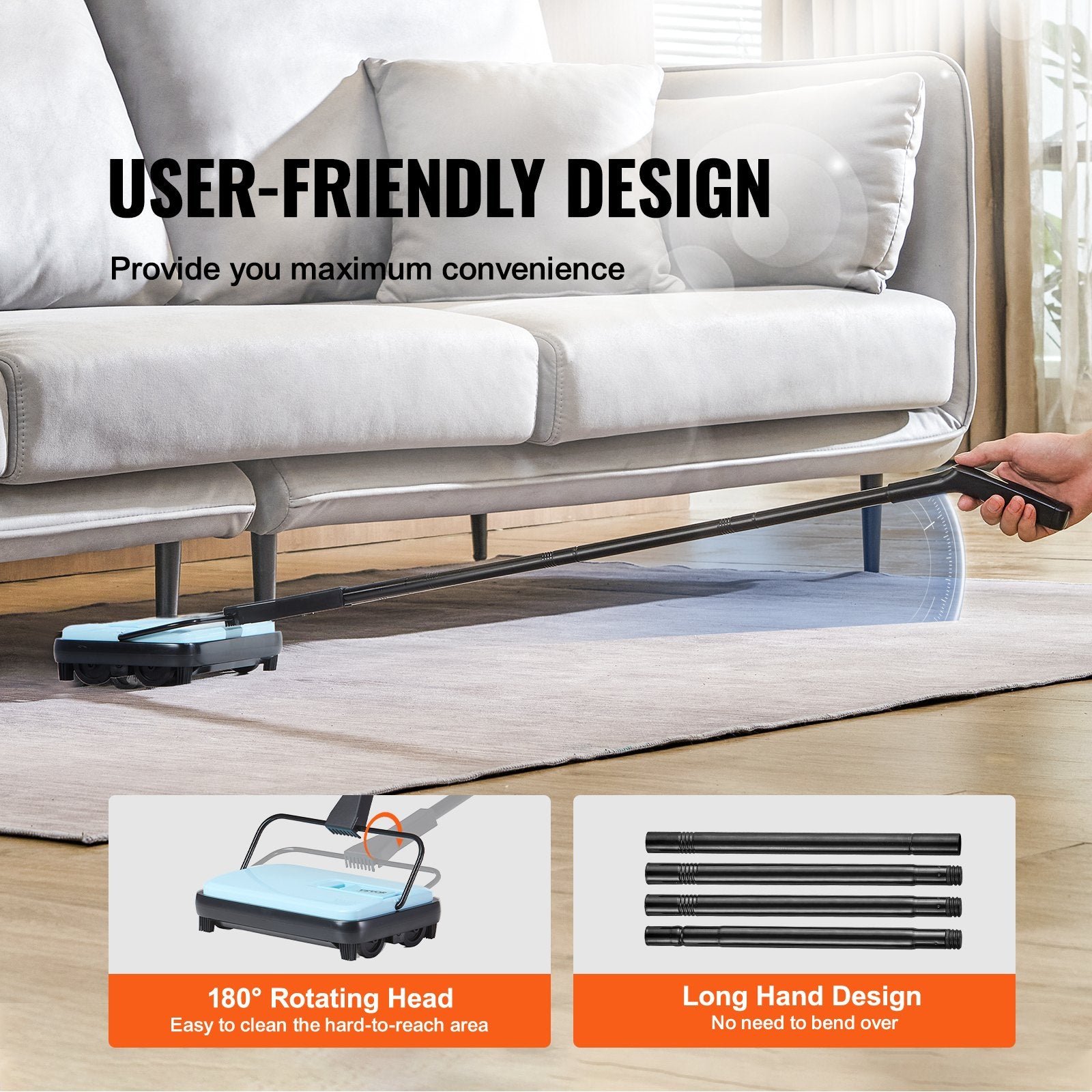 Cleaning device with 180° rotating head and long handle design being used under a sofa.