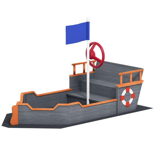 Kids Wooden Sandbox Pirate Ship Sandboat W Bench Seat Storage Space Ceder Wood, Gray