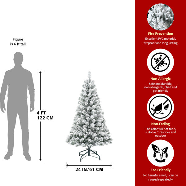 Artificial 4ft Flocked Christmas Tree With 233 PVC Branch Tips, Round Head, Foldable Base For Indoor Holiday Decorating