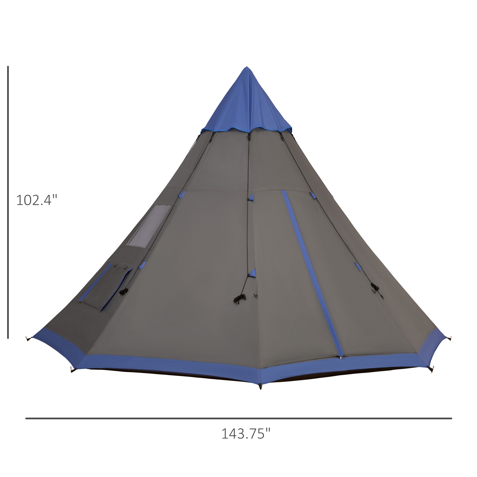 Gray and blue tent with dimensions on a white background