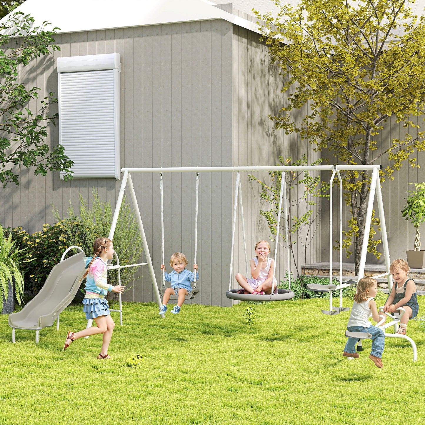 Children playing on a swing set and slide in a backyard setting.