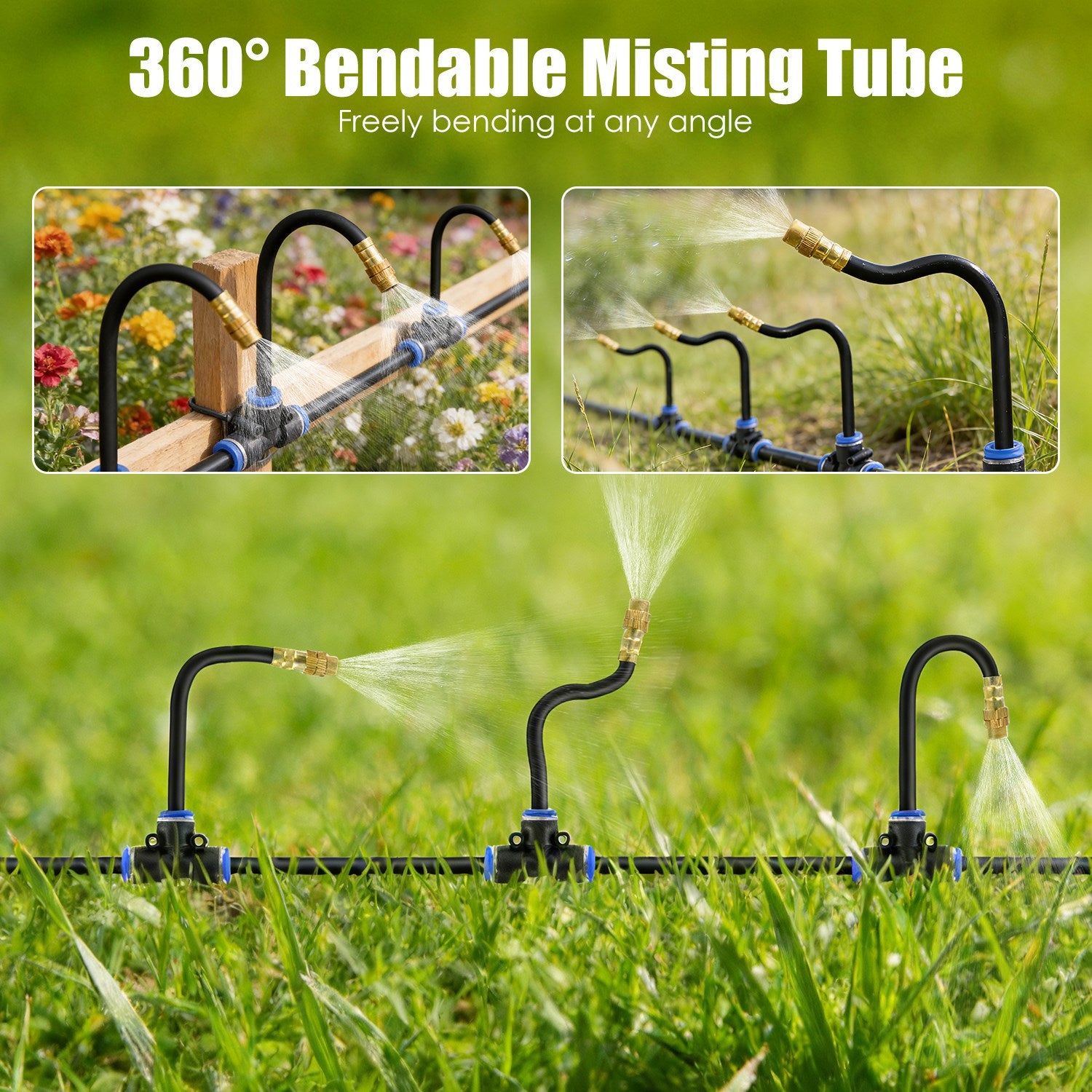 360-degree bendable misting tube used for watering plants with text indicating its flexibility.