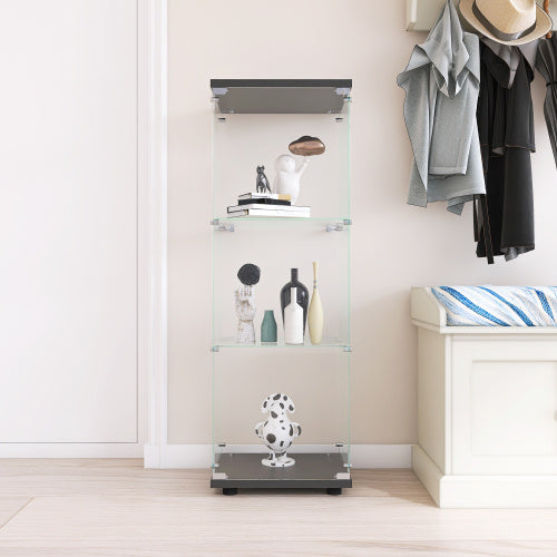 Glass Display Case With 3 Shelves, Single Door Treasure Cabinet, Suitable For Living Room, Bedroom, Office, Black Floor Glass Bookshelf, Quick Installation