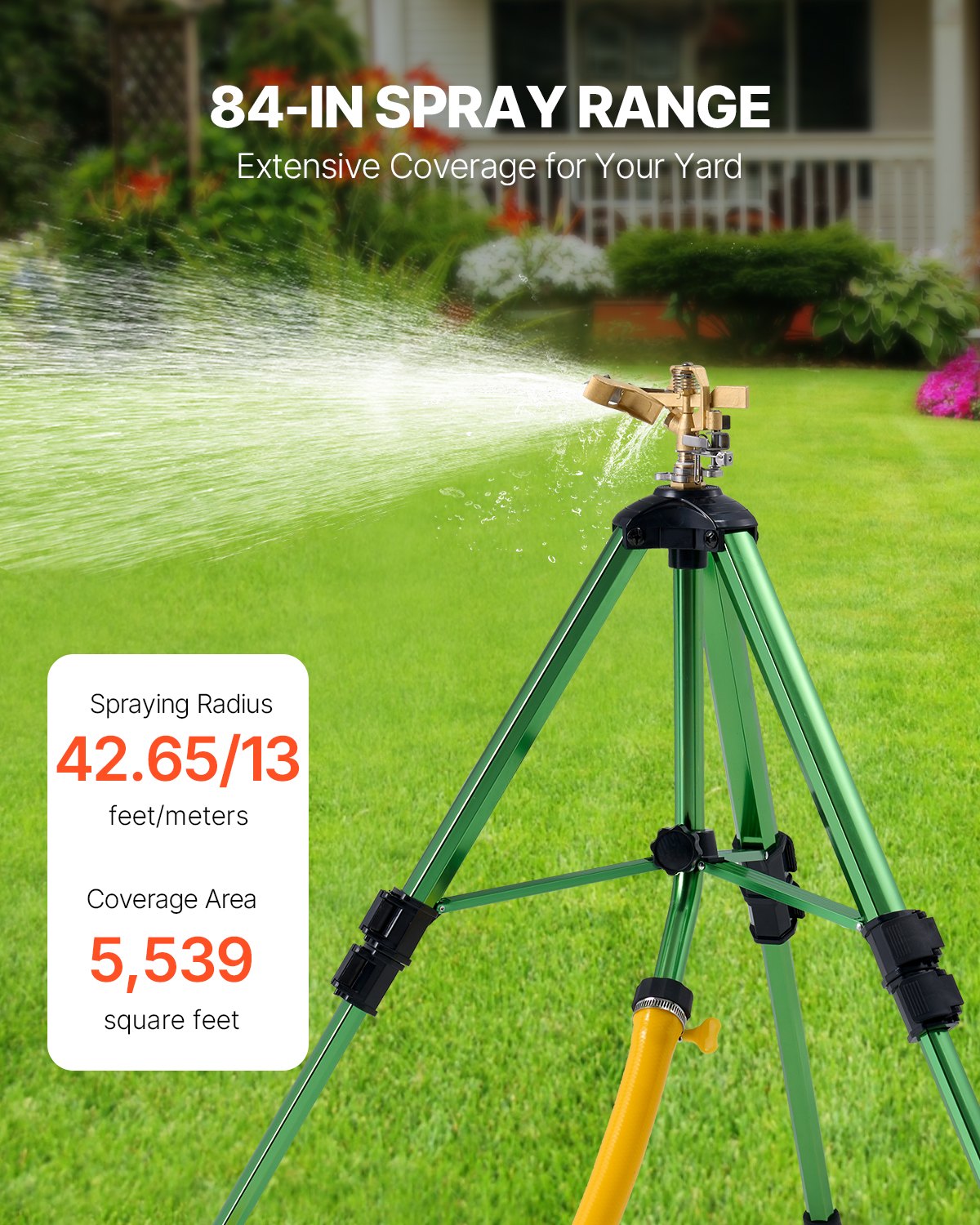 VEVOR Impact Sprinkler On Tripod Base, Heavy Duty Tripod Sprinklers With Brass Head &  Connector, 360 Degree Large Area Coverage Irrigation Sprinkler, Adjustable Heights Sprinkler For Yard Green
