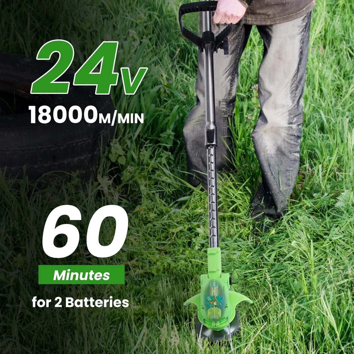 24V 300W Cordless Grass Trimmer Rechargeable Lawn Mower 18000M Min Weed Cutter With Saw Blade 2 Stainless Steel Blades 10 Plastic Blades 2 Rechargeable Batteries Goggles Gloves