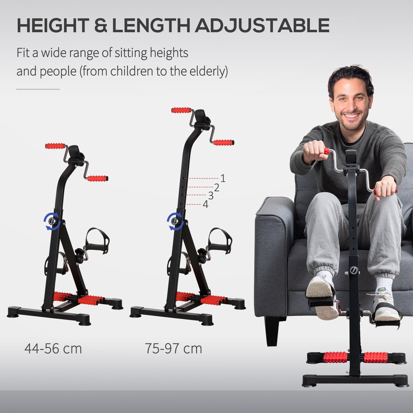 Adjustable exercise bike with height and length adjustment features, shown in use by a person.