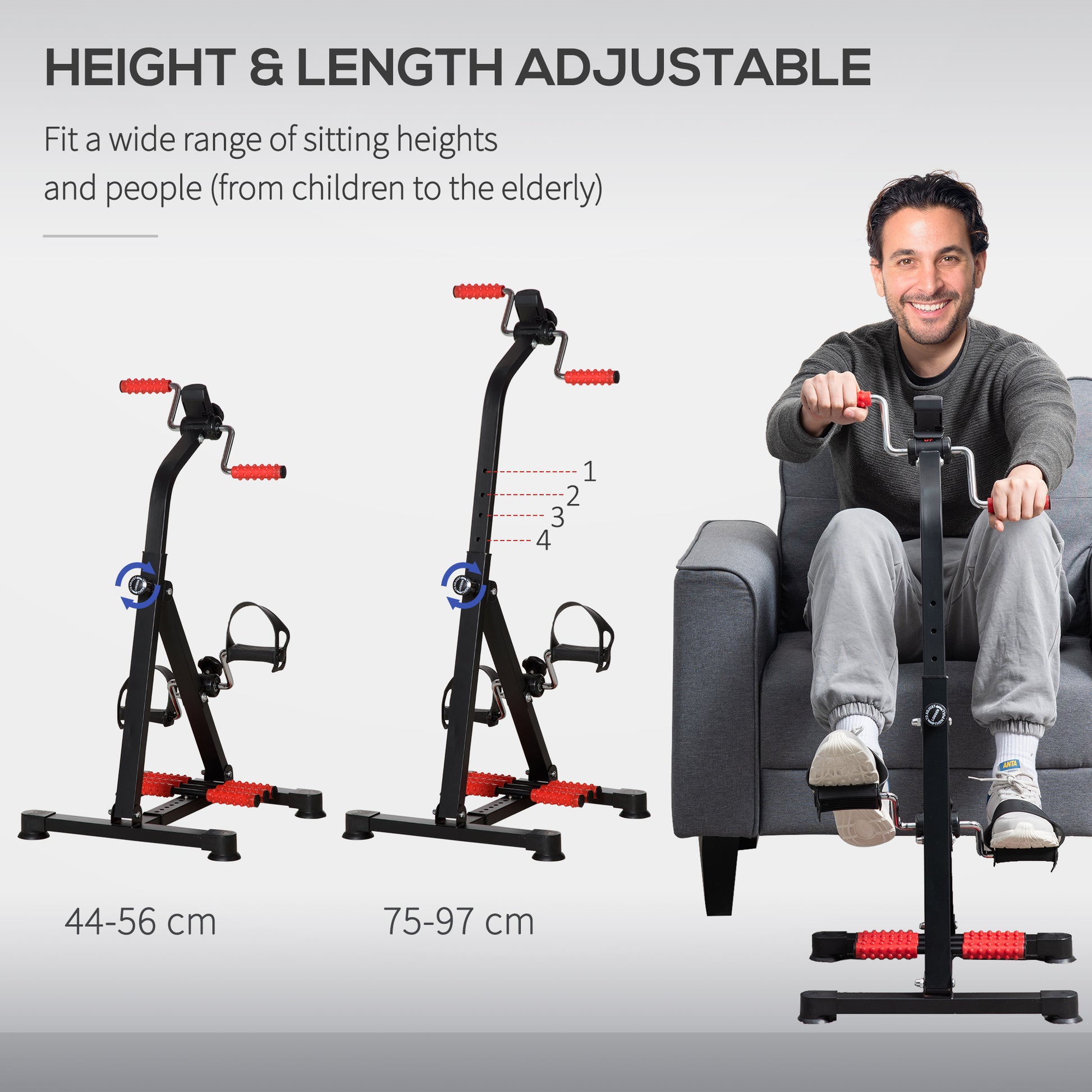 Adjustable exercise bike with height and length adjustment features, shown in use by a person.