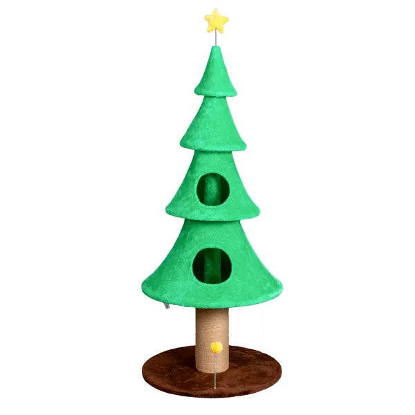 59in Large Tall Christmas Tree Cat Tower With 2 Cat Condos & Scratching Post, Soft Fleece Cat Tree With Teaser Toy & Sturdy Base & Built-in Openings For Indoor Cats, Green