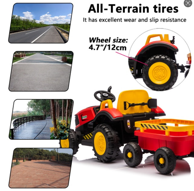 Kids Electric Ride On Tractor With Trailer, 12V Powered Children's Farm Tractor Toy Car With LED Lights, Music, PP Material, For 3-6 Years Old