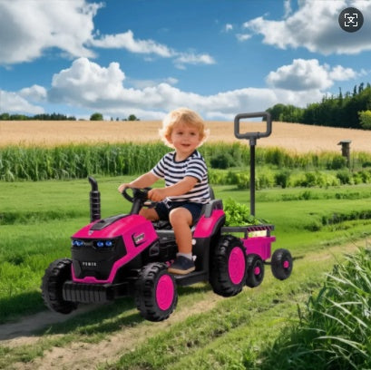 Kids Electric Ride On Tractor With Trailer, 12V Powered Children's Farm Tractor Toy Car With LED Lights, Music, PP Material, For 3-6 Years Old