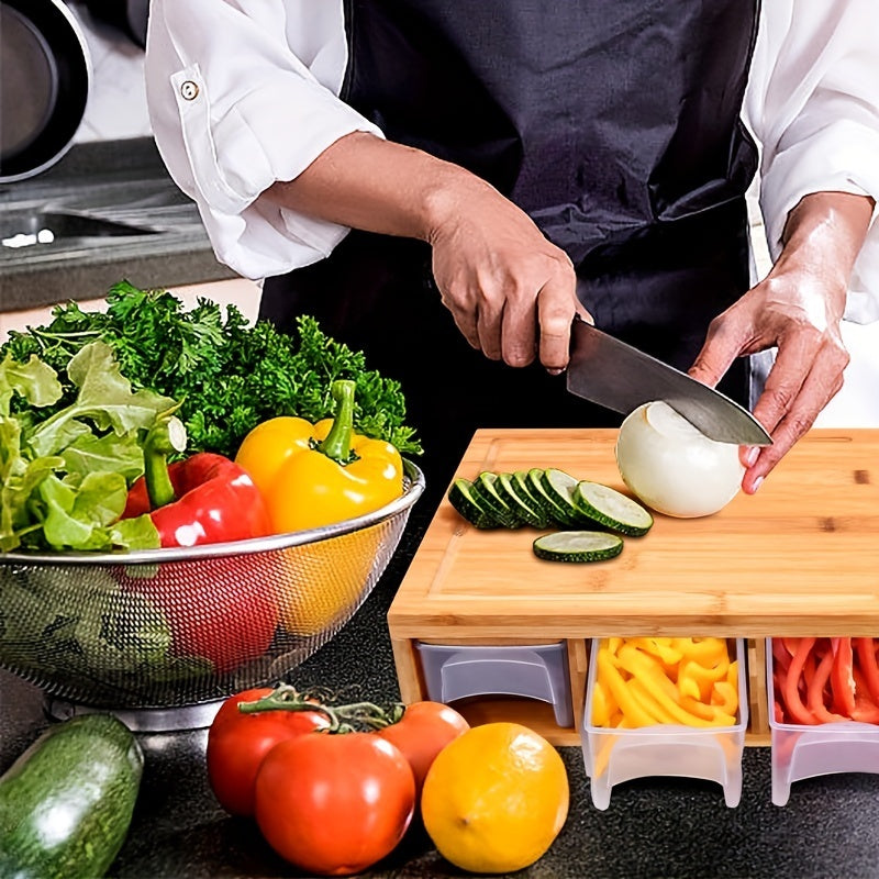 Bamboo Cutting Board With Drawer, Including 4 Vegetable Cutters, 4 Trays With Lids, Container And Vegetable Peeler Set, Cutting Board, Kitchen Bamboo Cutting Board