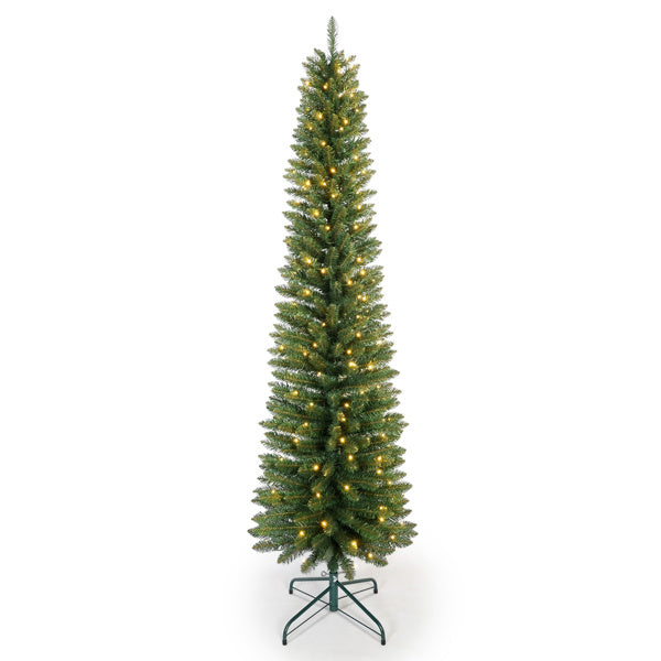 Artificial 7ft Green Pencil Christmas Tree With 469 PVC Branch Tips, 200L Warm White Led, Foldable Base For Indoor Holiday Decorating
