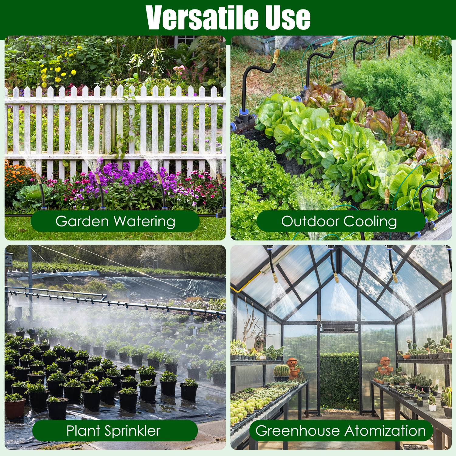 Collage of garden watering, outdoor cooling, plant sprinkler, and greenhouse atomization scenarios.